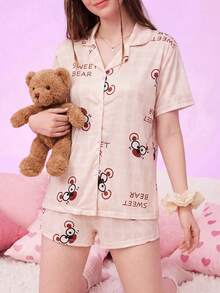 Notgurli Women's Summer Printed Lapel Cardigan Short Sleeve Shorts Casual Minimalist Comfortable Loungewear Pajama Set - Multicolor - View 1