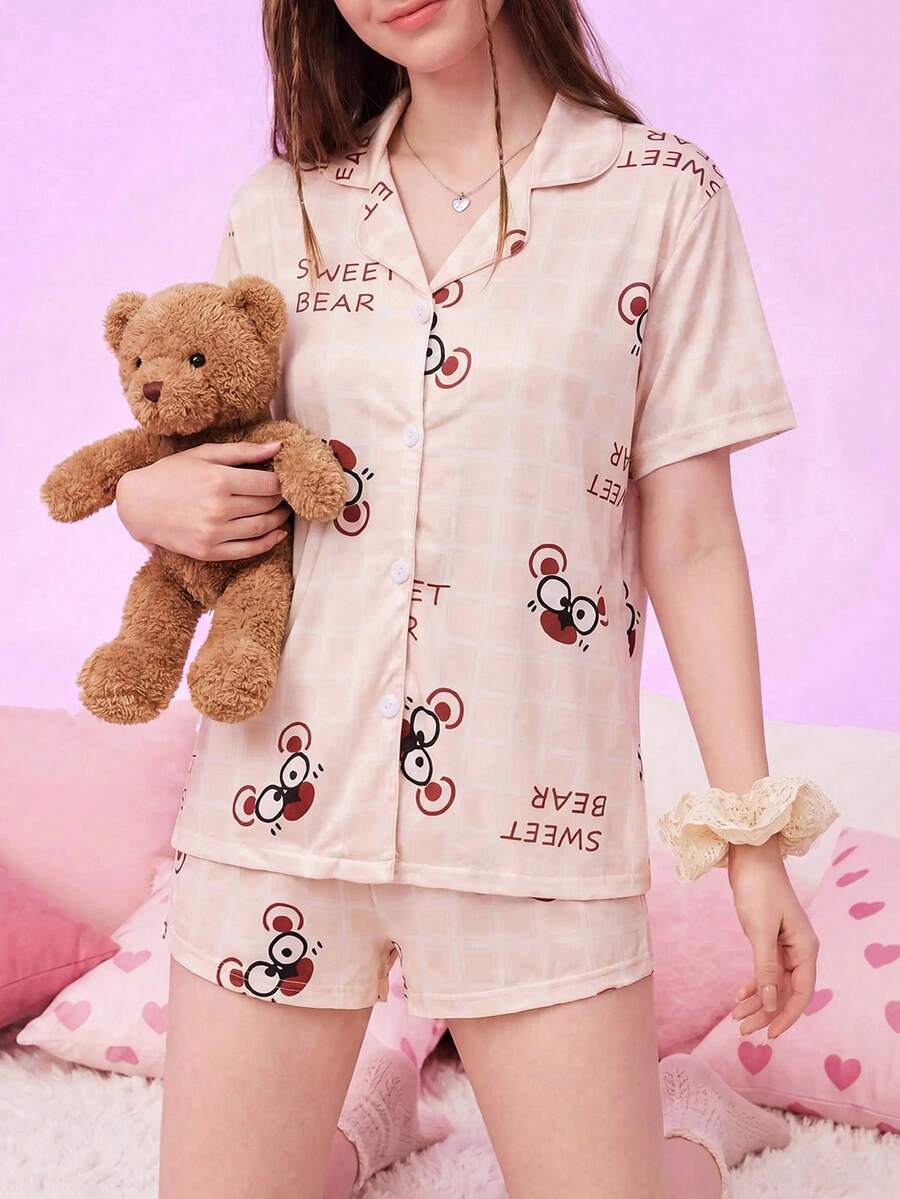 Notgurli Women's Summer Printed Lapel Cardigan Short Sleeve Shorts Casual Minimalist Comfortable Loungewear Pajama Set - Multicolor - View 1