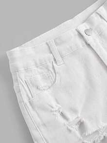 SHEIN 青少年女孩休閒牛仔短褲，附口袋，破洞磨損下擺 - 白色 - 查看 3