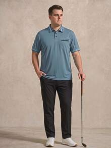 Courvante Plus Size Men's Casual Business Patchwork Plaid Print Short Sleeve Polo Shirt, Summer, Formal - Dusty Blue - View 2