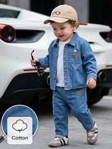 SHEIN Playful Pals 嬰兒(男童)時尚前衛街頭風水洗藍色襯衫搭配長褲，春秋款 - 藍色 - 查看 8
