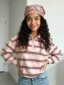 Sweatshirt Kasual Minimalis untuk Anak Perempuan, Kerah Tegak, Bahu Longgar, Cocok untuk Musim Gugur/Dingin, Kembali ke Sekolah, Sesuai untuk Pemakaian Sehari-hari - Berwarna merah muda - View 1