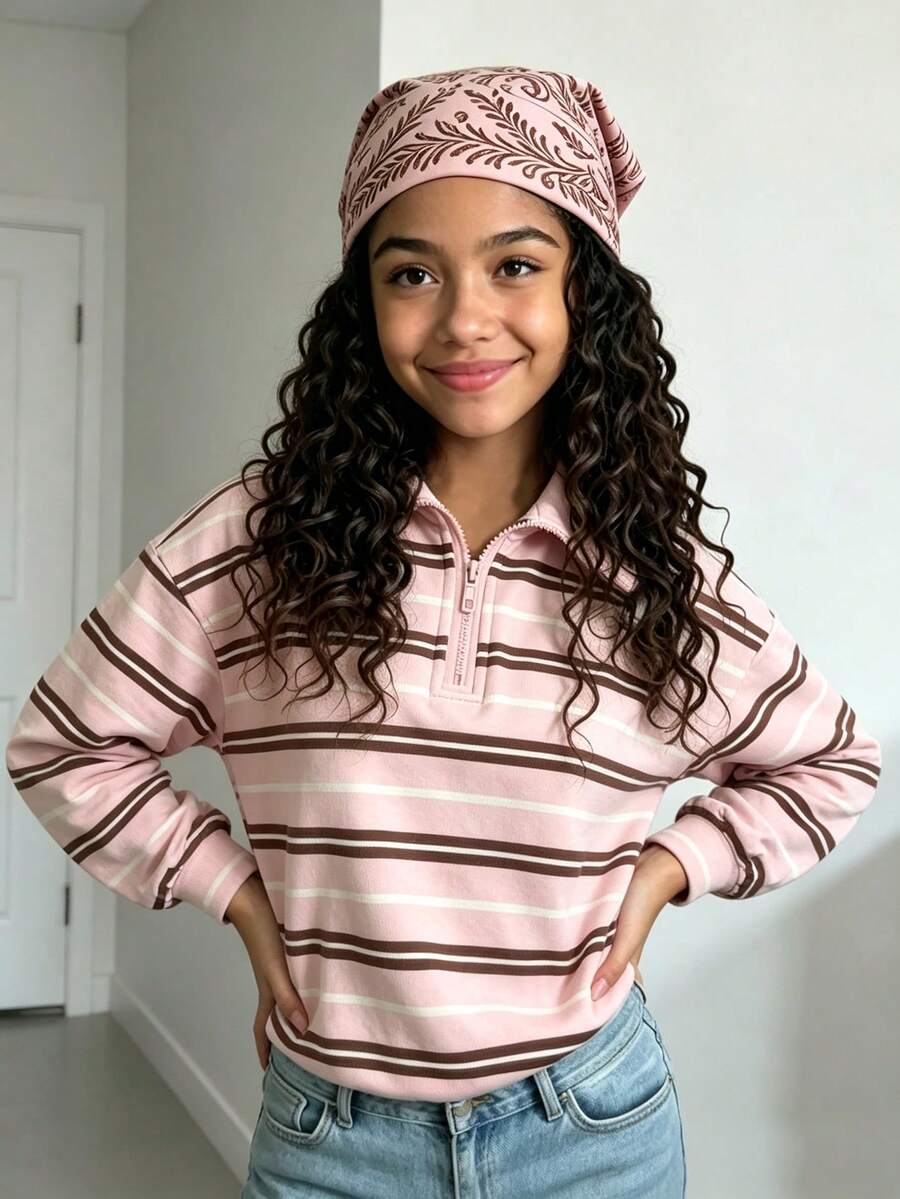 Sweatshirt Kasual Minimalis untuk Anak Perempuan, Kerah Tegak, Bahu Longgar, Cocok untuk Musim Gugur/Dingin, Kembali ke Sekolah, Sesuai untuk Pemakaian Sehari-hari - Berwarna merah muda - View 1