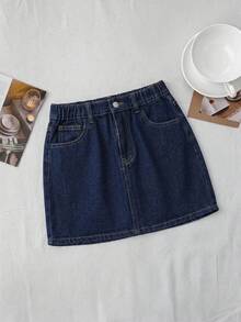 SHEIN Tween女孩深藍色牛仔迷你裙，附口袋，適合秋冬、萬聖節、Y2K風格、畢業季、開學季 - 藍色 - 查看 5