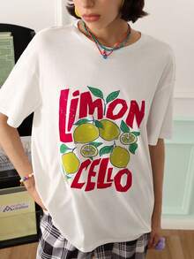Chillnights Camiseta de cuello redondo con estampado de eslogan de limón, estilo streetwear casual, top de pijama para mujer - Blanco - Ver 5
