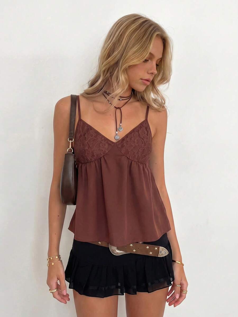 Sundraya Women's Lace Patchwork Casual Sexy Versatile Party Golf Camisole Pastal Summer - Coffee Brown - View 1