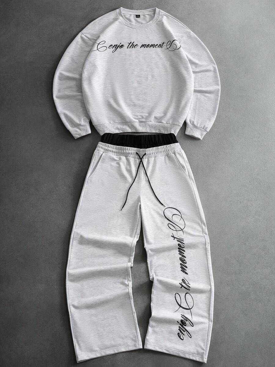 STYNVO Men's Letter Print Pullover Sweatshirt And Sweatpants Set - Grey - View 1