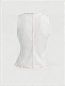 SHEIN MOD 女款圓領單排扣休閒百搭日常牛仔上衣 - 白色 - 查看 2