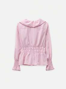 Nöista Blusa de rayas finas rosas con cuello de volantes y costuras de contraste. Estilo de otoño, vuelta al colegio y oficina. - Rosa - Ver 8