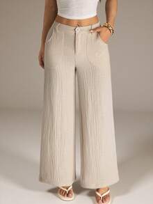 SHEIN PETITE 100% Washed Cotton Low Waist Straight Pants - Apricot - View 4