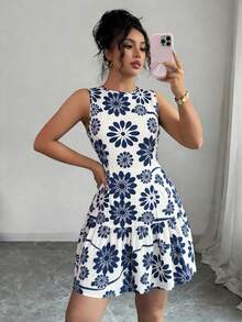 SHEIN Elenzya 波西米亚风优雅碎花无袖系带迷你连衣裙，适合毕业季、节日和夏季穿着，春夏款 - 藍白色 - 查看 3