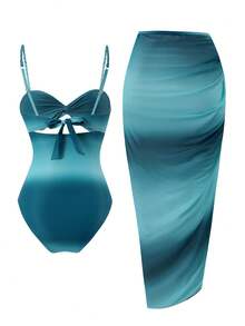 Swim SXY 夏季新款女款 2 件式海灘套裝，含一件式上衣、漸層編繩細肩帶、側綁帶海灘裙比基尼 3 件組 - 水鴨藍 - 查看 4