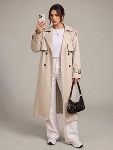 SHEIN Tall Abrigo Trench de Doble Botonadura con Cinturón para Otoño/Invierno - Albaricoque - Ver 2