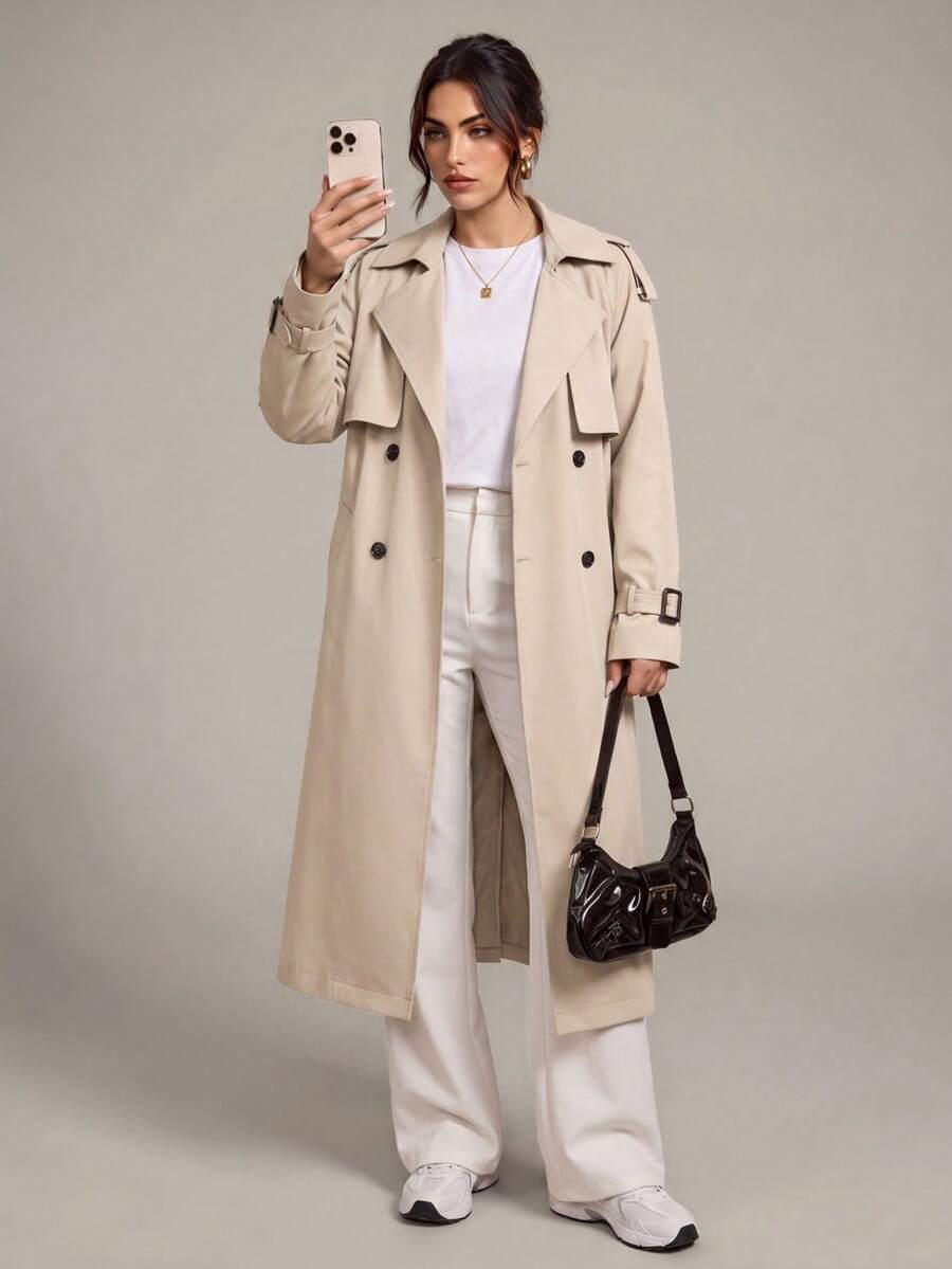 SHEIN Tall 秋冬雙排扣繫帶風衣 - 杏色 - 查看 1