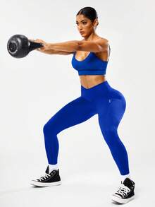 Easithlete Women's Letter Print Casual Modest Athleisure Versatile Daily Travel Sports Tight Leggings Gym Summer - Royal Blue - View 5
