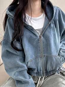 SHEIN 青少年女孩藍色丹寧寬鬆連帽長袖夾克 - 藍色 - 查看 3