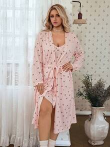 CottageSlumber Plus Size Women's Knit Cherry Plaid Print Bow Strap Dress And Robe Set - Pink - View 7