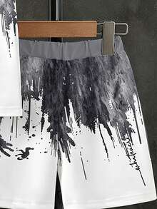 1 Set Boys' Spring/Summer Fashion New Grey & White Gradient Print Short Sleeve & Shorts 2-Piece Outfit, Cool & Stylish Summer Versatile Look, Photo-Ready Outfit, Multi-Wear Summer Style, Suitable For Daily Wear, School, Festivals, Multi-Scenario Boys' Clothing, Great Gift Choice With Atmospheric Vibe - Multicolor - View 4