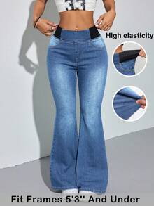 SHEIN PETITE Women's Colorblock Elastic Waist Casual Versatile Flare Jeans - Medium Wash - View 1