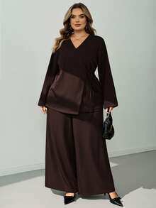 SHEIN CURVE+ Plus Size Elegant Women Solid Color Tie-Front Long Sleeve Jacket And Loose Wide Leg Pants Casual Set - Brown - View 6
