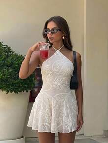 Aloruh Vestido mini con volantes y bordados en línea A para vacaciones, nuevo para primavera/verano de mujer - Albaricoque - Ver 1