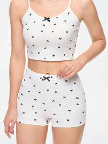 Bonmuse Heart Print Bow Front Cami Top & Shorts PJ Set / Pajama Setfor Summer - Multicolor - View 7
