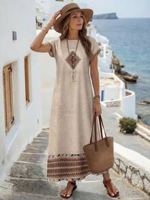 EMERY ROSE Vestido largo estilo boho para mujer con estampado multicolor, cuello redondo, manga corta tipo murciélago, bajo acampanado, túnica casual - Multicolor - Ver 3