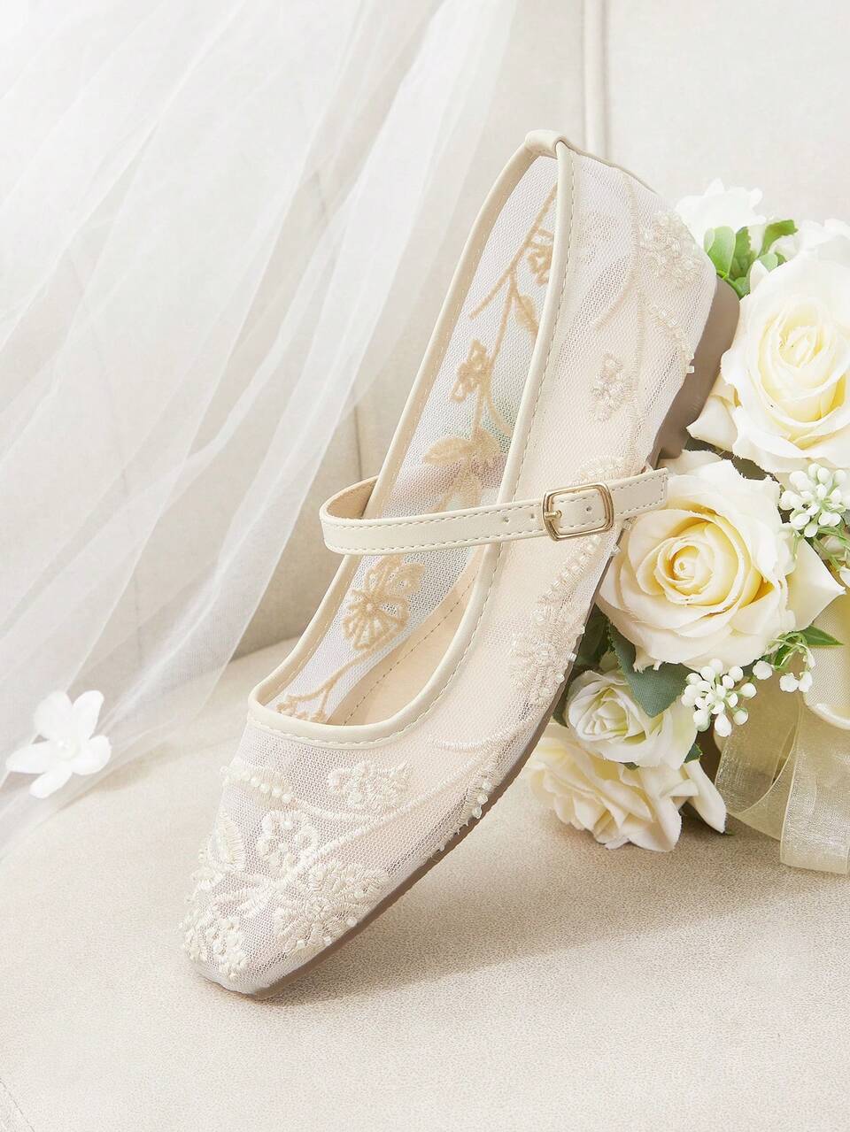 CUCCOO HITCHD Women's New Strap Buckle Low Vamp Mesh Embroidered Beaded Square Toe Mary Jane Flat Shoes, Spring/Summer Daily, Holiday, Vacation Outfit