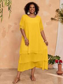 BrightlyHer Plus Size Casual Dress, White Round Neck Unbutton Asymmetrical Flowy Hem, Bohemian Style, Suitable For Spring & Summer - Pale Yellow - View 1
