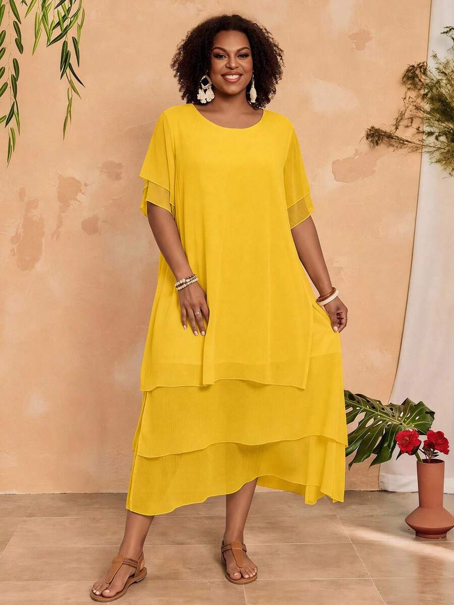 BrightlyHer Plus Size Casual Dress, White Round Neck Unbutton Asymmetrical Flowy Hem, Bohemian Style, Suitable For Spring & Summer - Pale Yellow - View 1