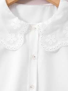 SHEIN Girls' Elegant Cute Embroidered Lace Petal Collar Princess Long Sleeve Button-Front Single-Breasted Casual Fashion Blouse, School, Birthday, Fall - White - View 6