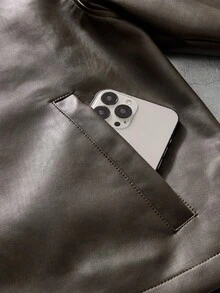 AXEPEAK Men's PU Leather Jacket With Lapel Collar, Long Sleeves And Zipper Front - Brown - View 5