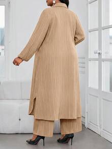 SHEIN Lady 秋冬休閒優雅上班早午餐正式風棕色編織襯衫領主教袖口袋長袖大尺碼套裝 - 卡其色 - 查看 2