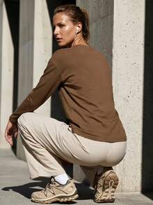 WanderVale Women's Solid Color Split Hem Long Sleeve Outdoor T-Shirt - Mustard Yellow - View 2