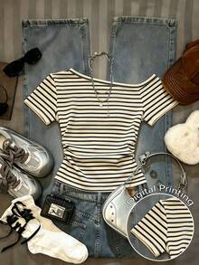 SHEIN Women's Striped Asymmetric Neck Short Sleeve Casual T-Shirt - White - View 1