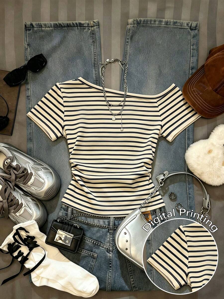 SHEIN Women's Striped Asymmetric Neck Short Sleeve Casual T-Shirt - White - View 1