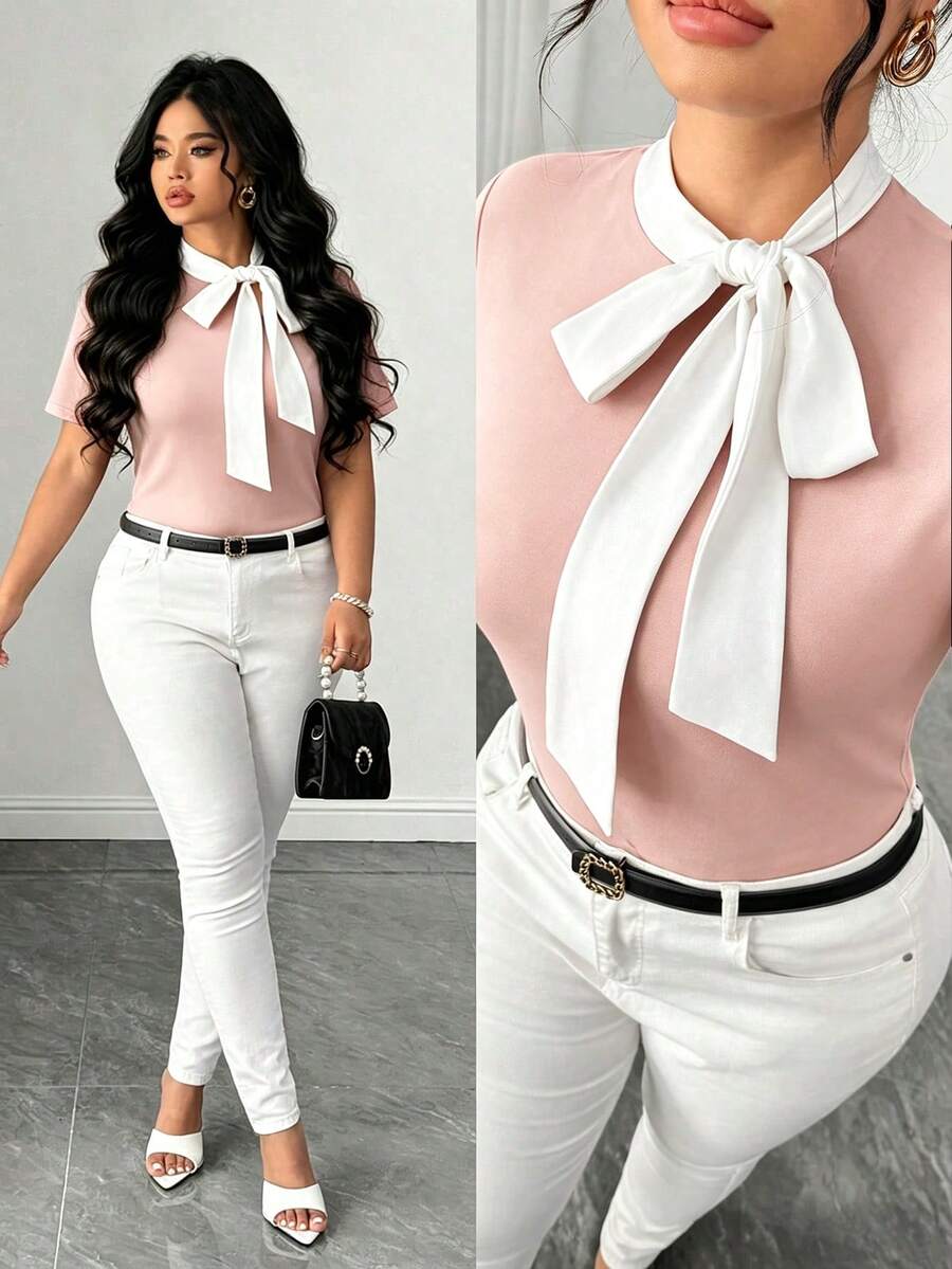 SHEIN Clasi Plus Size Women's Summer New Light Pink Color Block Bow Ribbon Shoulder Short Sleeve T-Shirt, Slimming Elegant Sophisticated Casual Office Formal - Baby Pink - View 1