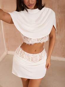 Opulessa Falda ajustada de mujer con unicolor, contraste de encaje y volantes - Blanco - Ver 6