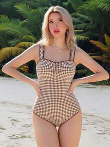 Swim Mod 女款海灘穿搭 夏季簡約優雅花卉素色羅紋修身連身泳衣 - 棕色 - 查看 4