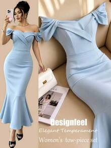 Selianne Summer Women's Sexy Romantic Elegant French Light Blue Pleated Shirred Cinched Waist Chic Top And Body-Hugging Fishtail Skirt Set Wedding - Blue - View 1