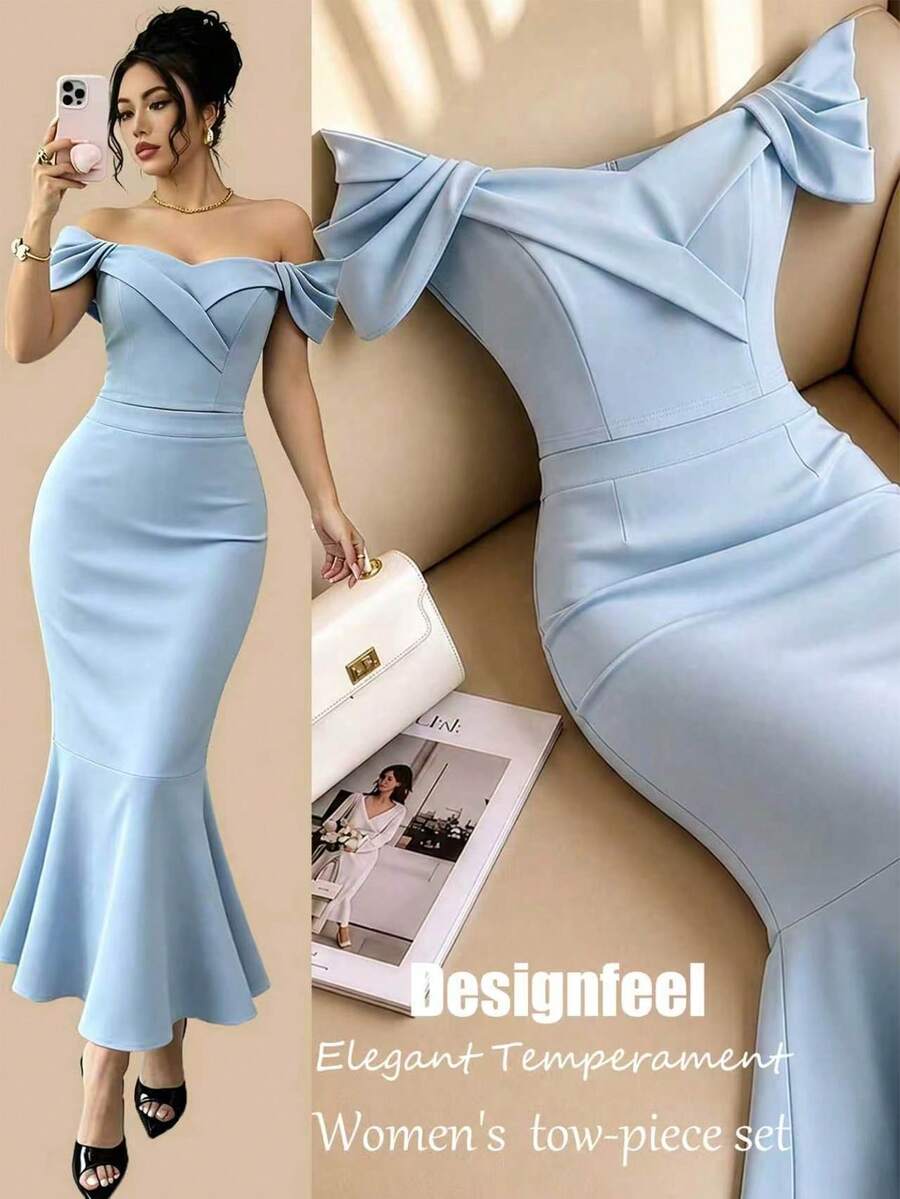Selianne Summer Women's Sexy Romantic Elegant French Light Blue Pleated Shirred Cinched Waist Chic Top And Body-Hugging Fishtail Skirt Set Wedding - Blue - View 1