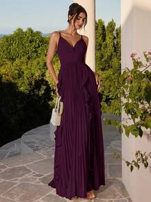 Enchnt Vestido Romántico de Vacaciones con Dobladillo de Volantes Largos, Plisado y Espalda Descubierta - Morado - Ver 8