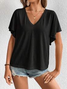 SHEIN LUNE Women's Pure Black 95% Cotton Butterfly Sleeve V-Neck Versatile T-Shirt - Black - View 5