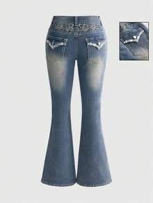 ROMWE Goth Jeans con bordado de alas de strass - Celeste - Ver 1