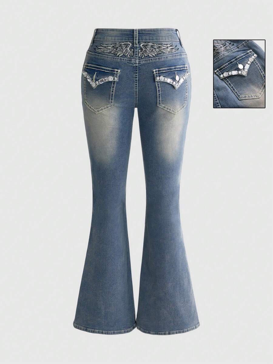 ROMWE Goth Jeans con bordado de alas de strass - Celeste - Ver 1
