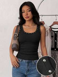 SHEIN Teen Girls Tank Tops & Camis Summer New Black Ribbed Stud Decor U-Neck Slim Fit Vest - Black - View 1