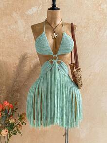 Soleia Women's Solid Color Tassel Design Sexy Boho Knit Halter Neck Dress Beach Vacation Sage Green Autumn - Mint Green - View 1