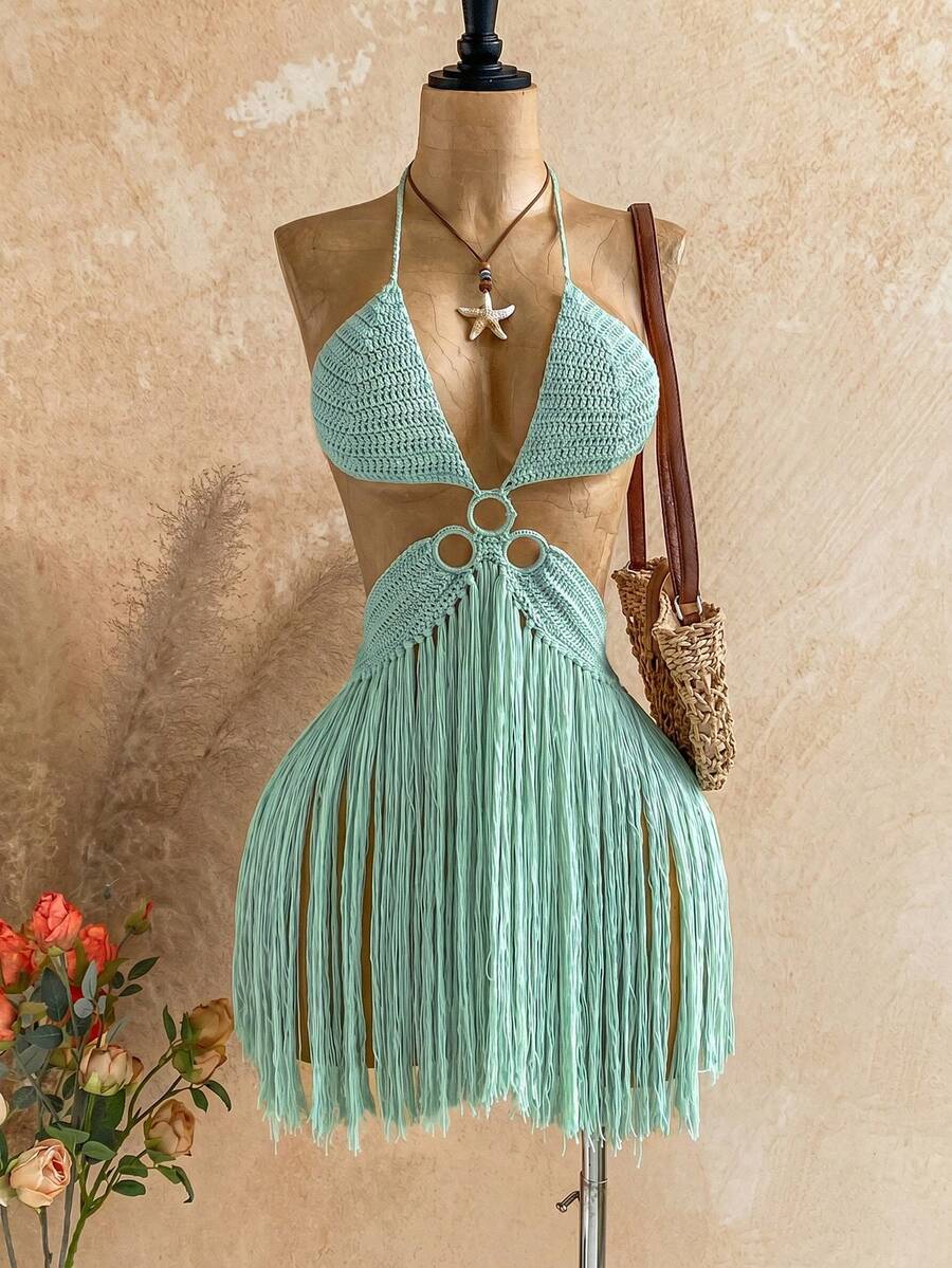 Soleia Women's Solid Color Tassel Design Sexy Boho Knit Halter Neck Dress Beach Vacation Sage Green Autumn - Mint Green - View 1