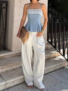 SHEIN EZwear Women's Contrast Lace Pleated Hem Fashion Camisole Denim Top Fall Elegant Top Social Cowgirl For Women Country Concert - Medium Wash - View 8