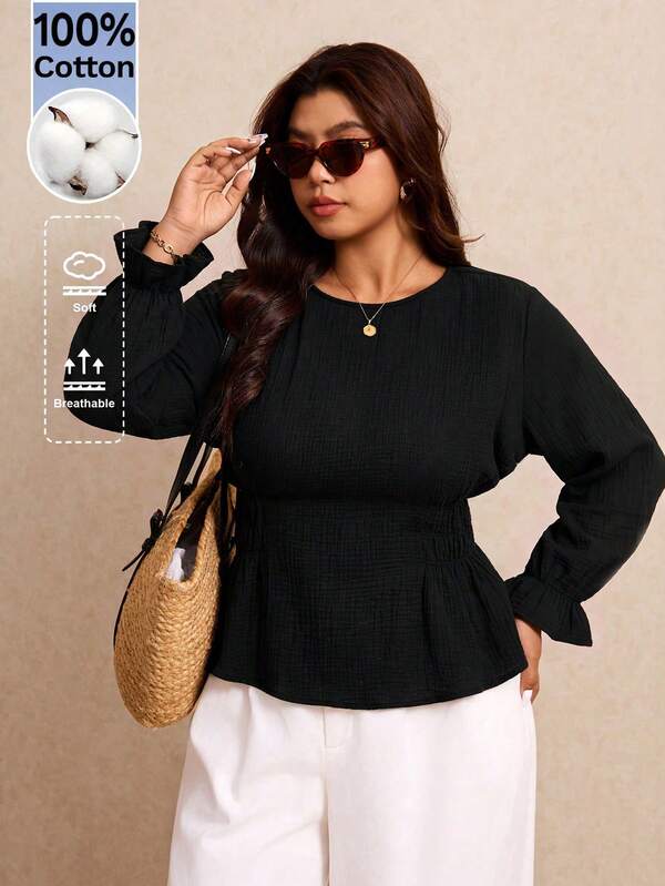 Elaquor Plus Size Women's Solid Color Casual Versatile Everyday Shirt